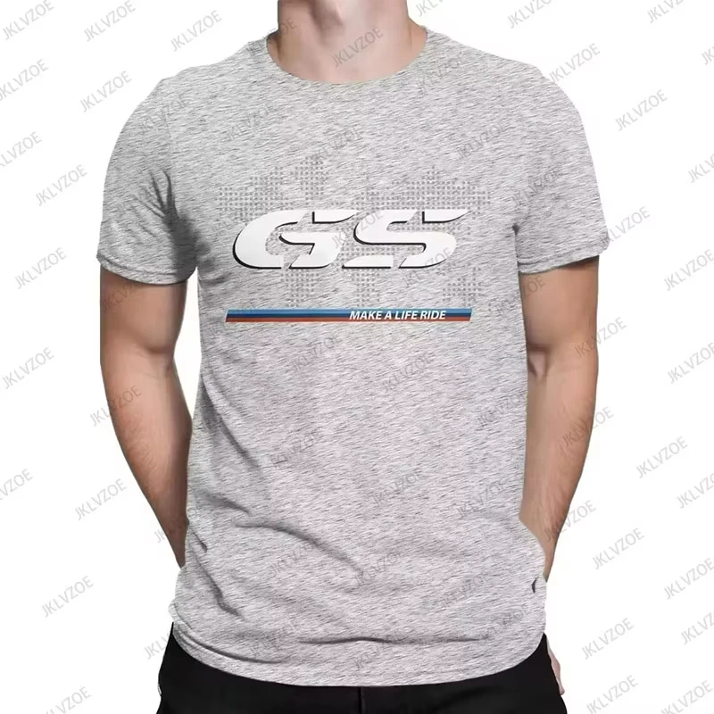 Man wearing BMW R1250GS cotton T-shirt with bold graphic in a hip hop streetwear setting L gray