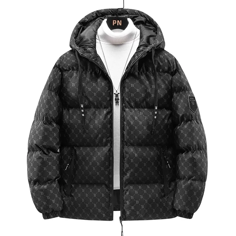 Hooded black down jacket with rubber monogram