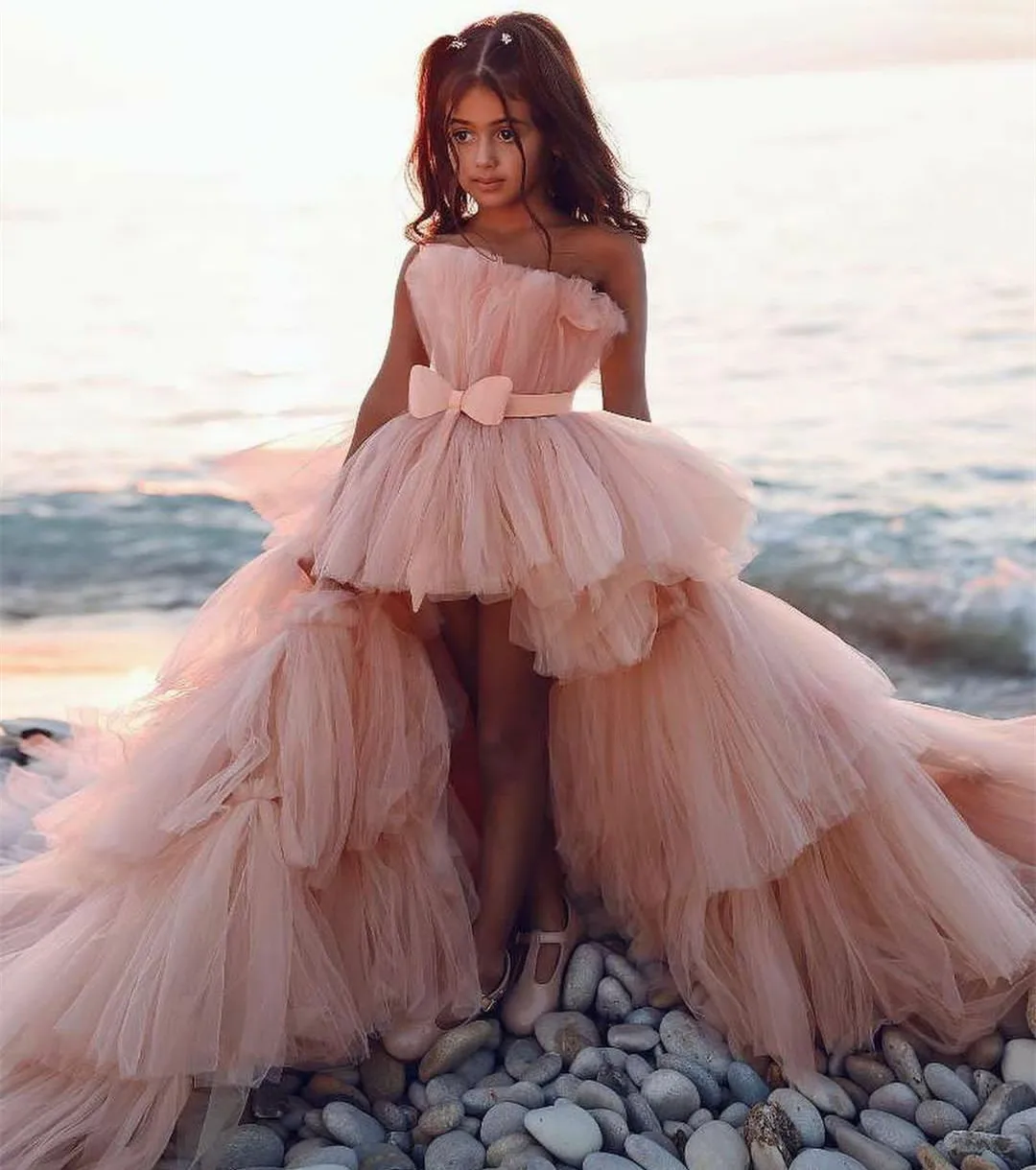 

Sexy Hi-Lo Pink Tulle Evening Dresses With Bow Asymmetrical Sweep Train فساتين السهرة Tiered Prom Gowns for Women
