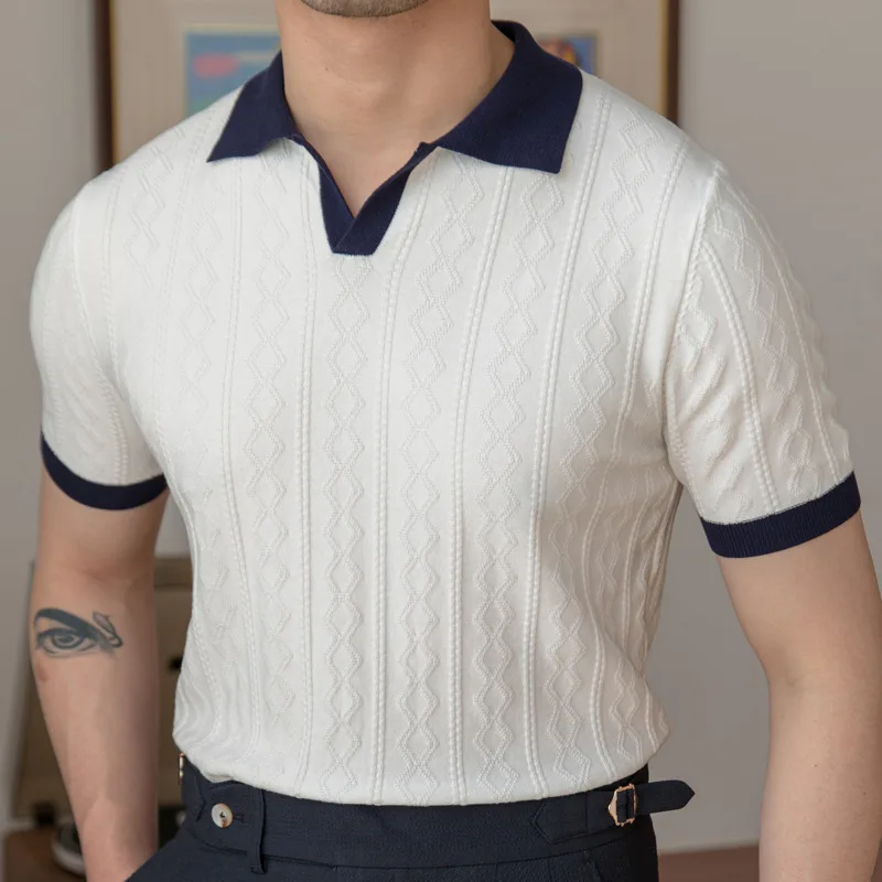 Summer Contrasting Jacquard Men's Polo Comfortable Breathable Knitted Ice Silk British High Quality Short Sleeve Polo Shirt