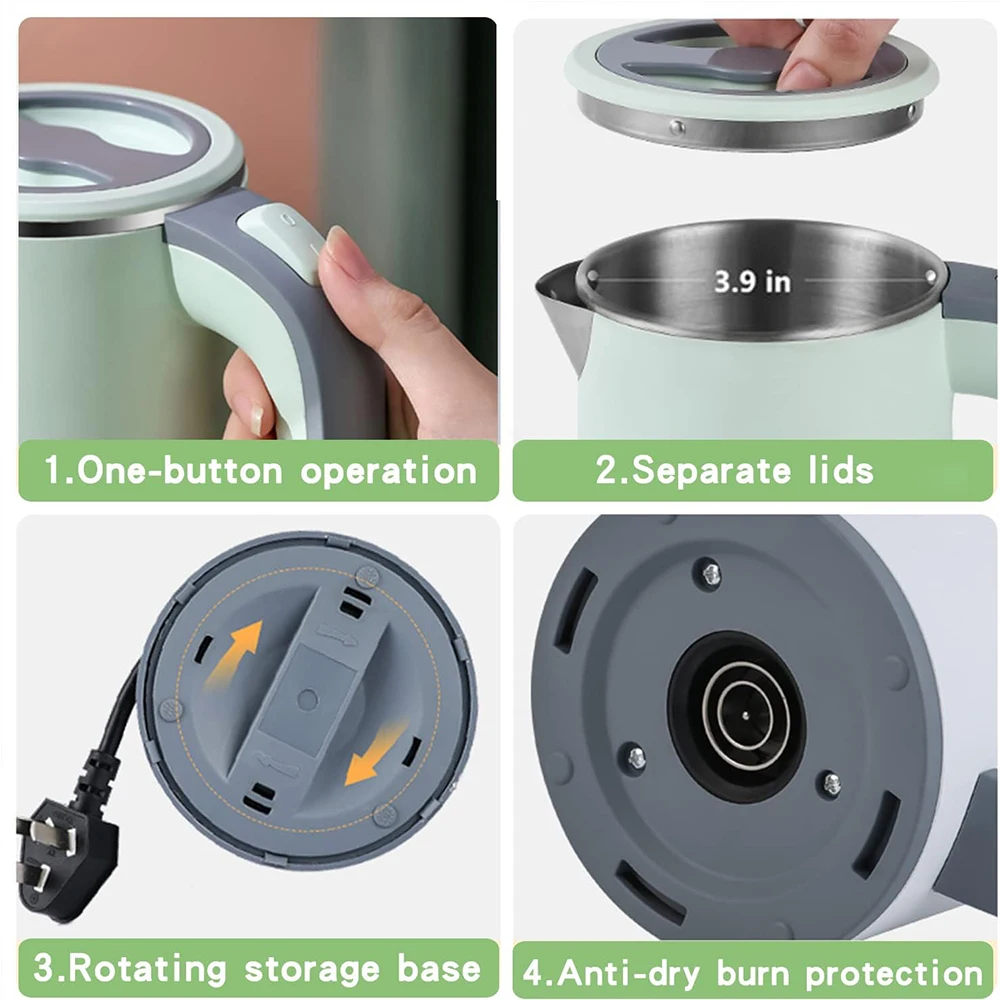 Chaleira elétrica portátil do curso, forro de aço inoxidável, Auto Shut-Off, Chaleira Home, Fervura rápida, 110V, 220V, 0.8L, 600W, 5Mins 3