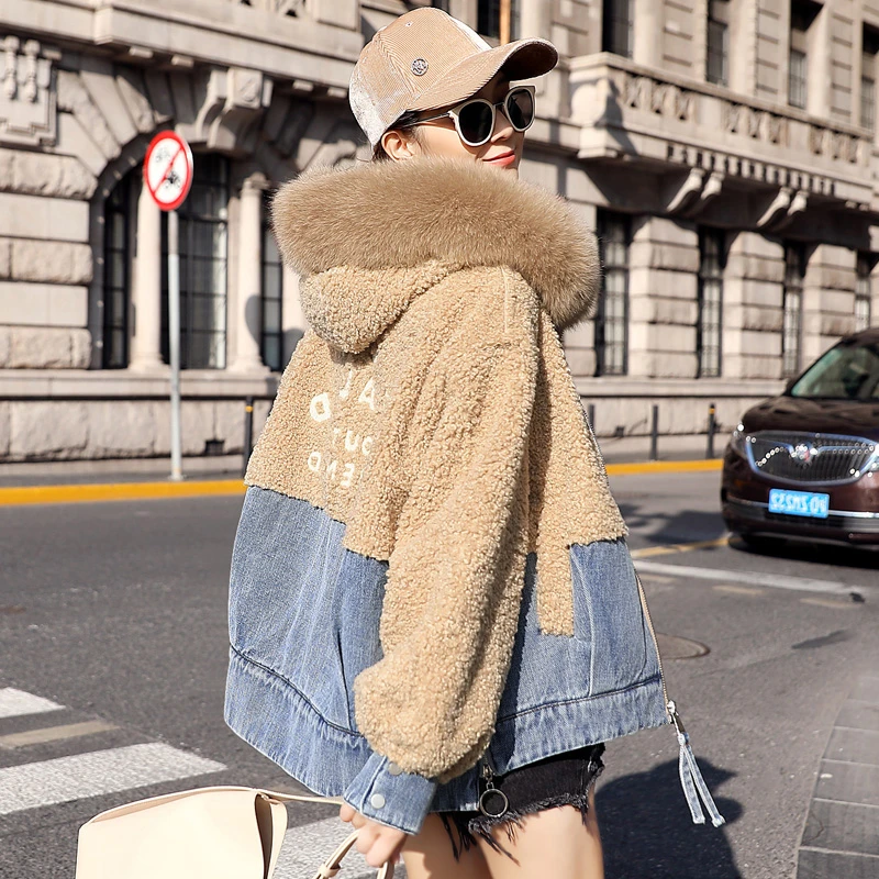 

Plush Denim Jacket Women Warm Hooded Fur Collar Winter Coat 2023 New Fashion Splice Faux Jean Jackets Lamb Wool Coat Velvet