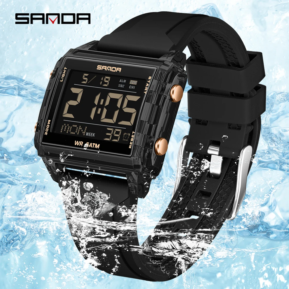 Unisex Trendy Rectangle Digital Sports Watch - Waterproof with LED Backlight