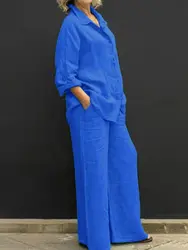 Women Linen Casual Shirt 2 Pieces Set Fashion Lapel Long Sleeve Button Blouse And Trousers Outfits Loose Wide Leg Pants Suits