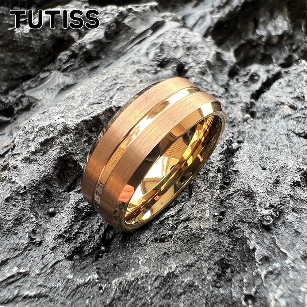 TUTISS 8mm Gold Rose Color Tungsten Carbide Ring Men Women Wedding Band Center Groove Brushed Beveled Edges