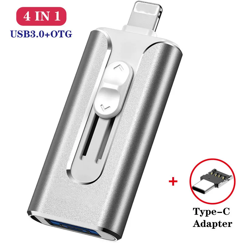 4 IN 1 Metal USB FlashDrive 128GB OTG Drive 32GB 64GB USB 3.0 Flash Disk for iPhone 11 Pro/XR/XS Max USB Memory Stick 256gb 512G