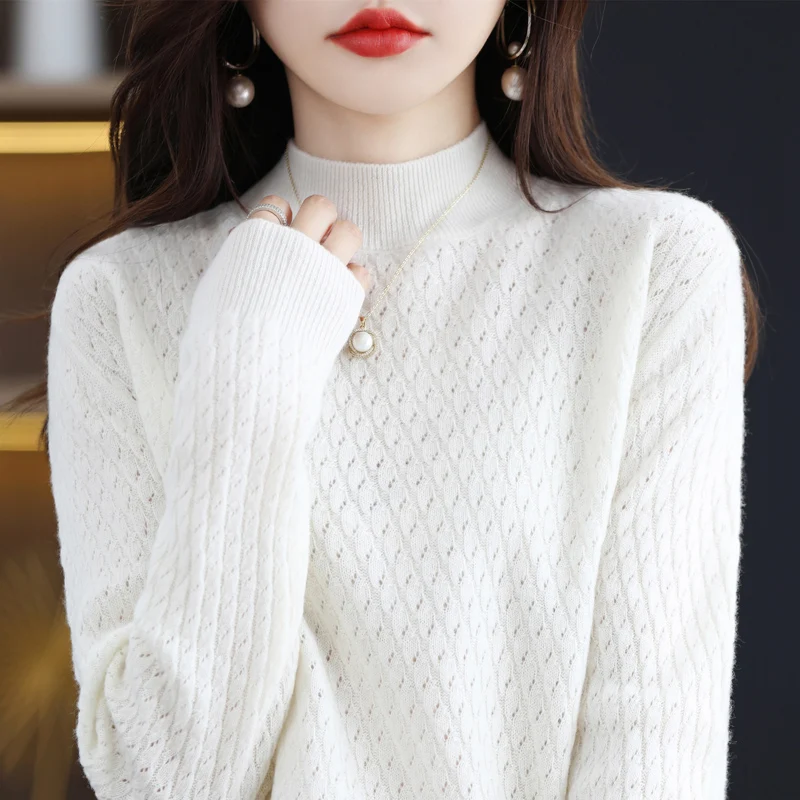 

Half height Collar Pure Woolen Sweater Women's Twisted Hollow Knitted Undercoat Fashion Age reducing Woolen Sweater