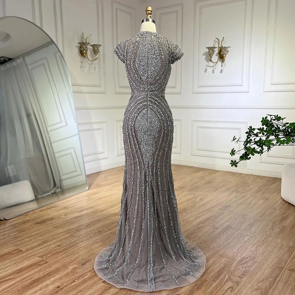 Serene Hill 2025 Arabic Dubai Gray Nude Mermaid Floor Length Beaded Luxury Evening Dresses Gown Customize Wedding Party BLA72344 3