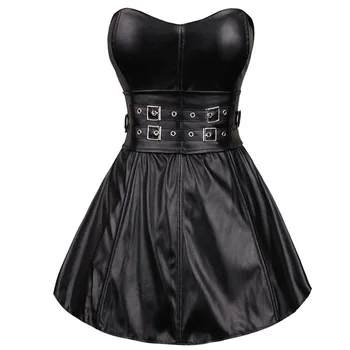 Sexy Back Zipper Lady Gothic Punk Leather Bustier Corset Mini Dress For Clubwear Party Dresses Vestido Black Plus Size