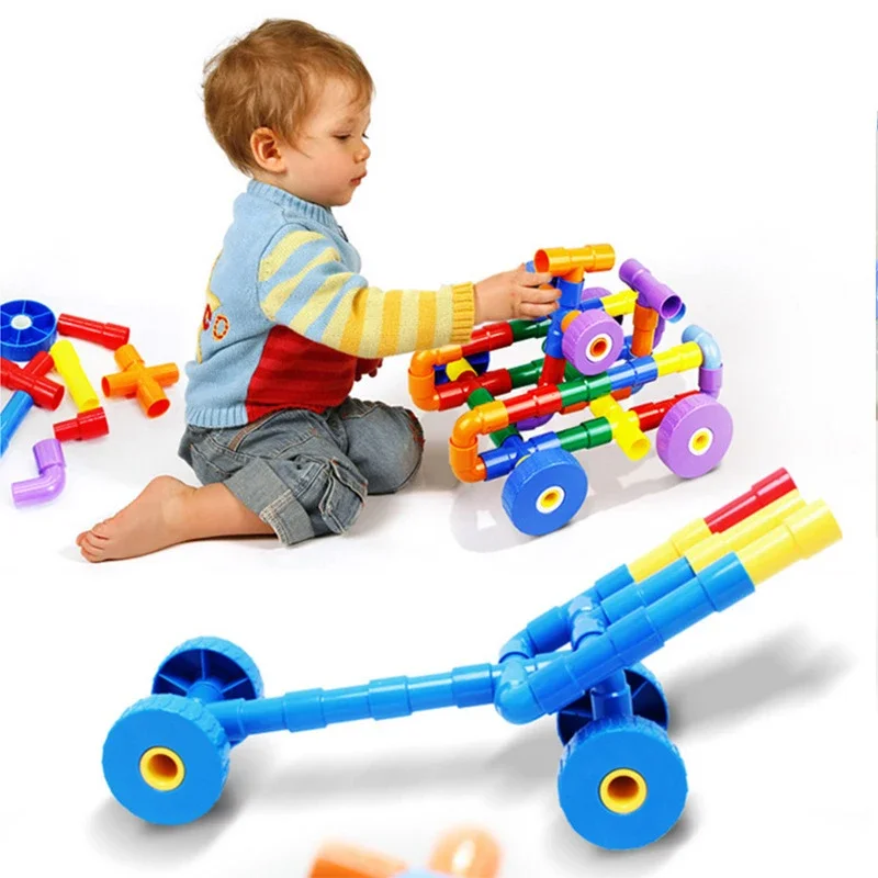 Pipe Building Blocks 21-100PCS DIY Assembling Pipeline Tunnel Bricks Set Model Montessori Toys Educational for Kids Gift