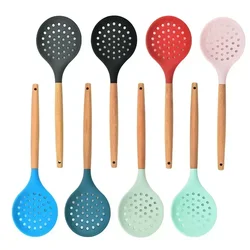 1Pcs Cooking Silicone Strainer Food Non-Stick Heat-Resistant Wooden Handle Colander Spoon Skimmer Strainer Cooking Kitchen Tools