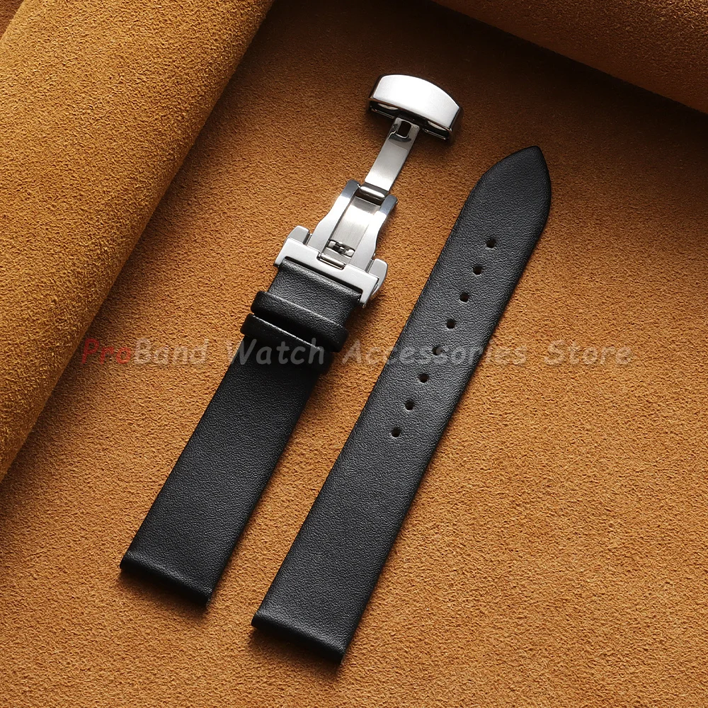 Sleek Genuine Leather Watch Band with Butterfly Buckle - Unisex Cowhide Strap
