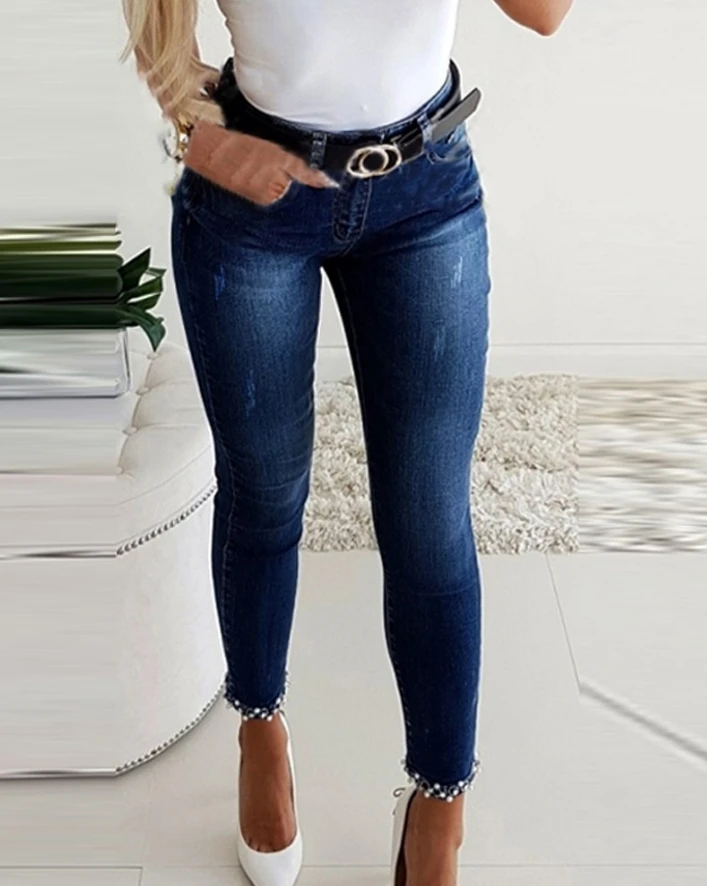 Women's Summer Pants Pocket Slim Fit Gradient High Waist Zipper Fashion Beaded Opening Bow Decoration Jeans