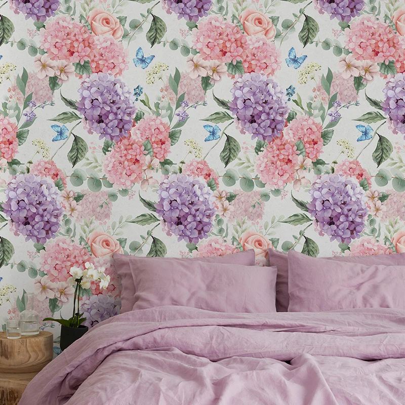 Elegant Watercolor Floral Room Wallpaper Pink Flowers Chic Peel And Stick Home Decoration Waterproof  PVC Wall Decoration