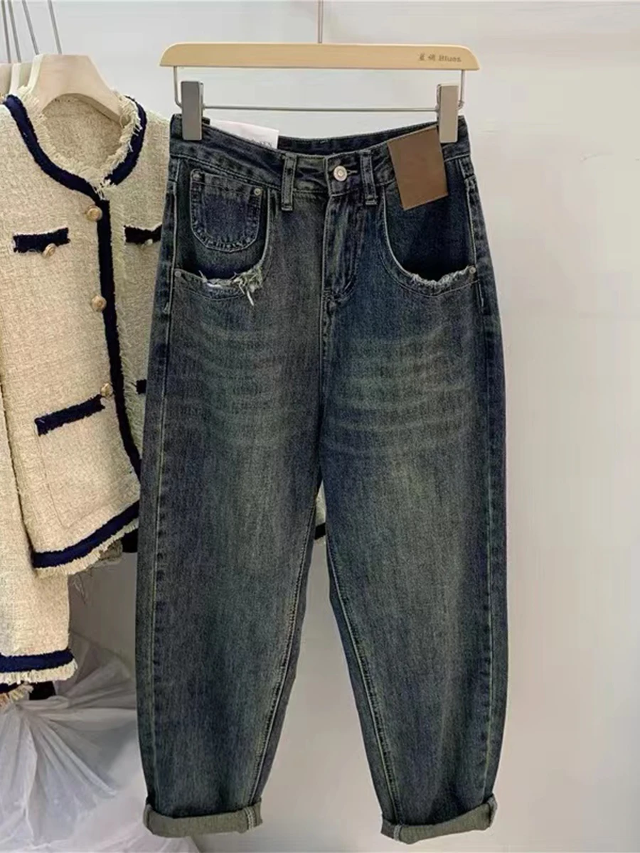 

Y2k Pear-shaped Body Slightly Jeans Big Size Nine-point Jeans Children Harlan Daddy Denim Pants High Waist Summer Trousers E129