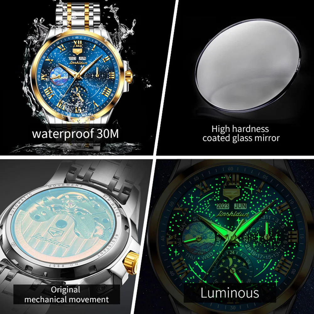 JSDUN 8957 Watch For Men Moon Phase Starry Sky Waterproof Luminous Fashion Mechanical Wristwatch Week Date Roman Scale Man Watch