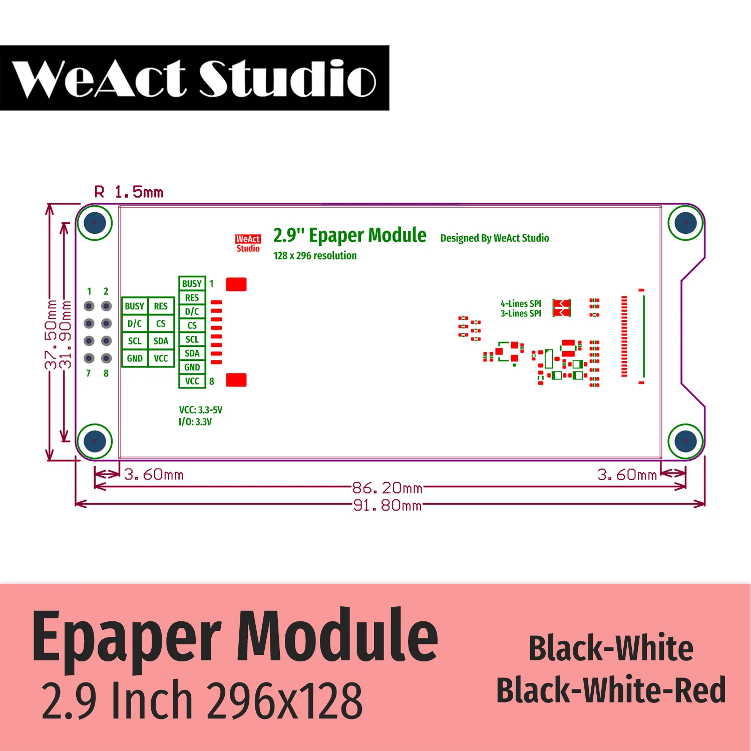 Tela de Exibição Weact-e-paper E-ink Eink Spi Preto-branco-vermelho 29 Polegadas 213 Polegadas 29 Polegadas 213 Polegadas - Imagem 2