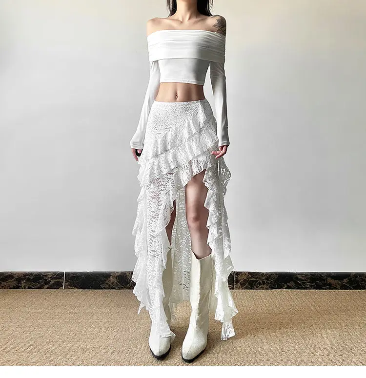White Sweet Design Lace Patchwork Ruffle High Waisted Y2k Skirt Women Summer Irregular Skirt Long Skirts Harajuku Goth Clothes