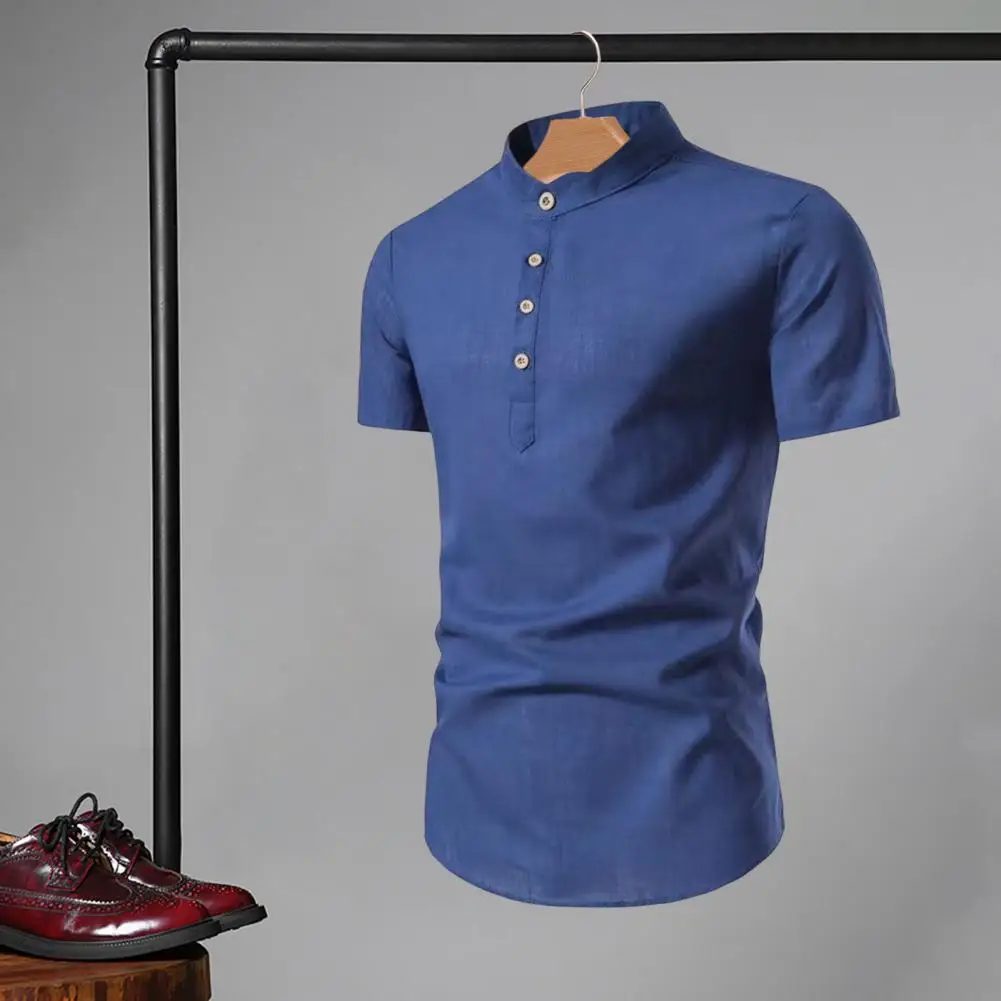 Men's Summer Shirt Solid Color Slim Stand Collar Short Sleeve Lightweight Pullover Button Formal Business Men's Top