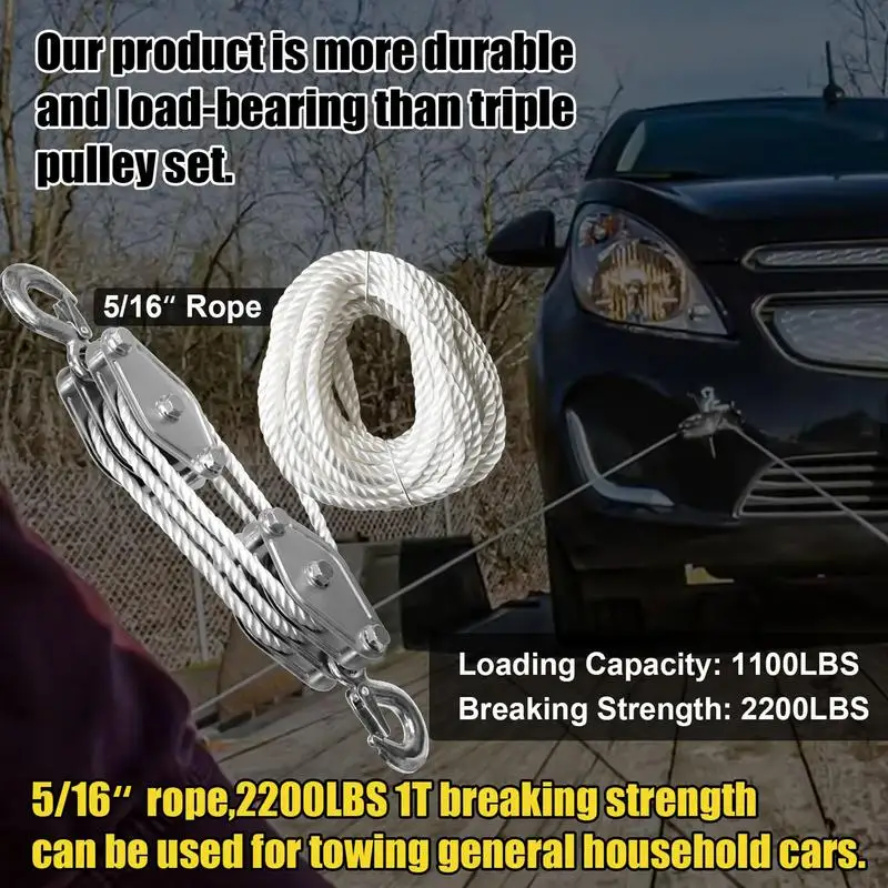 Rope Pulley Hoist 50 Ft 3/8 Rope Pulley Hoist With 5:1 Lifting Power 2200 Lbs Breaking Strength Heavy Duty Pulley System Rope 2