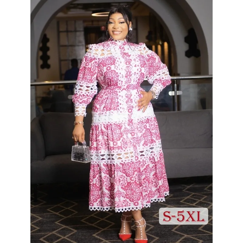

S-5XL Elegant Women Wedding Dress Hollow Lady Lace Birthday Party Dresses for Classy Floral Print Female Prom Vestido Plus Size
