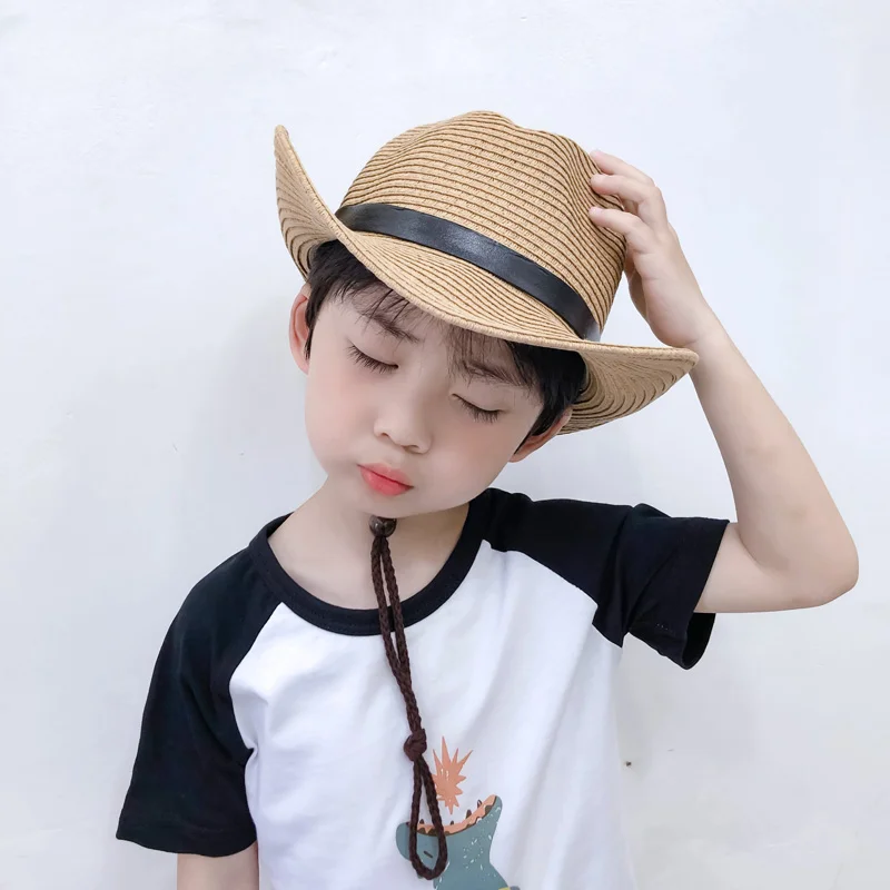 Children Cowboy Straw Hat with Hat Band Western Cowboy Party Accessories Summer Sunshade Beach Jazz Hat Sombrero Panama Boys 2