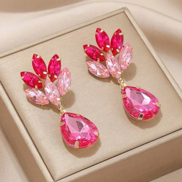 Women Geometric Glass Stone Drop Earrings Fuchsia Pink Crystal Stone Statement Earrings Party Bridal Wedding Earring Jewelry 4