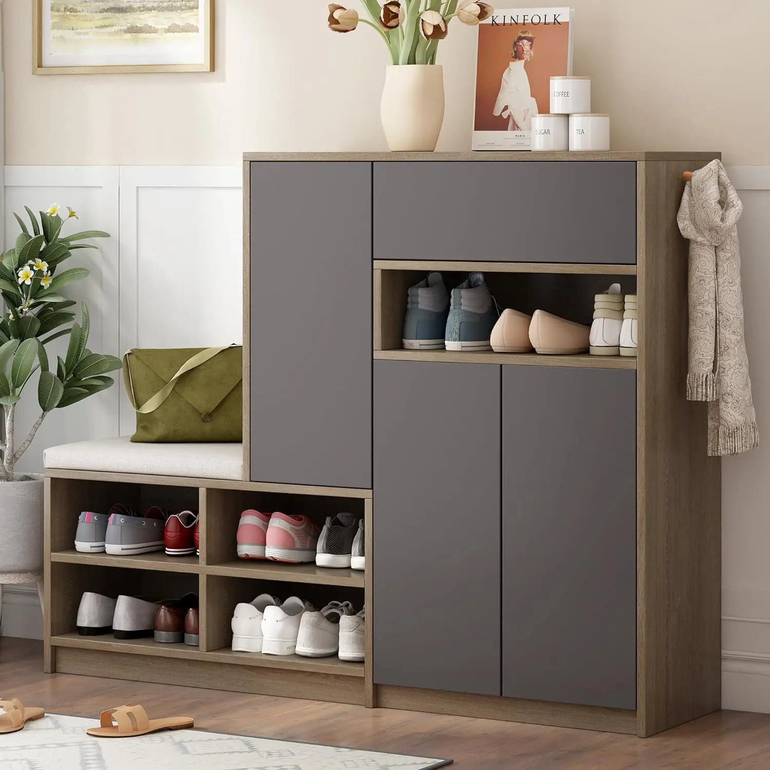 

Multi-Functional Rack with Padded Seat and Adjustable Shelves, 2-in-1 Shoe Storage Bench & Cabinets, Grey