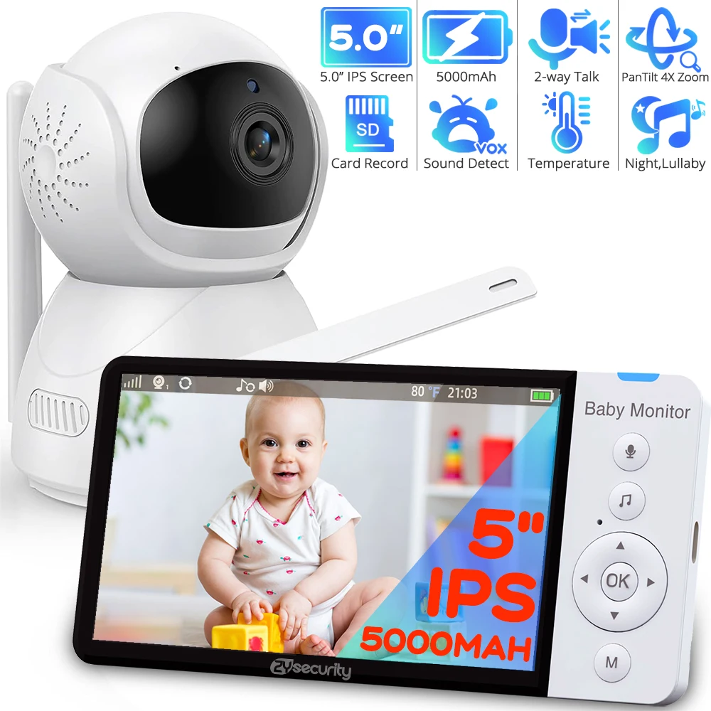 Video Baby Monitor With PTZ Nanny Camera 5"IPS Screen 5000mAh Battery Babyphone Night Vision 2-way Audio Card Slot Babe Monitors