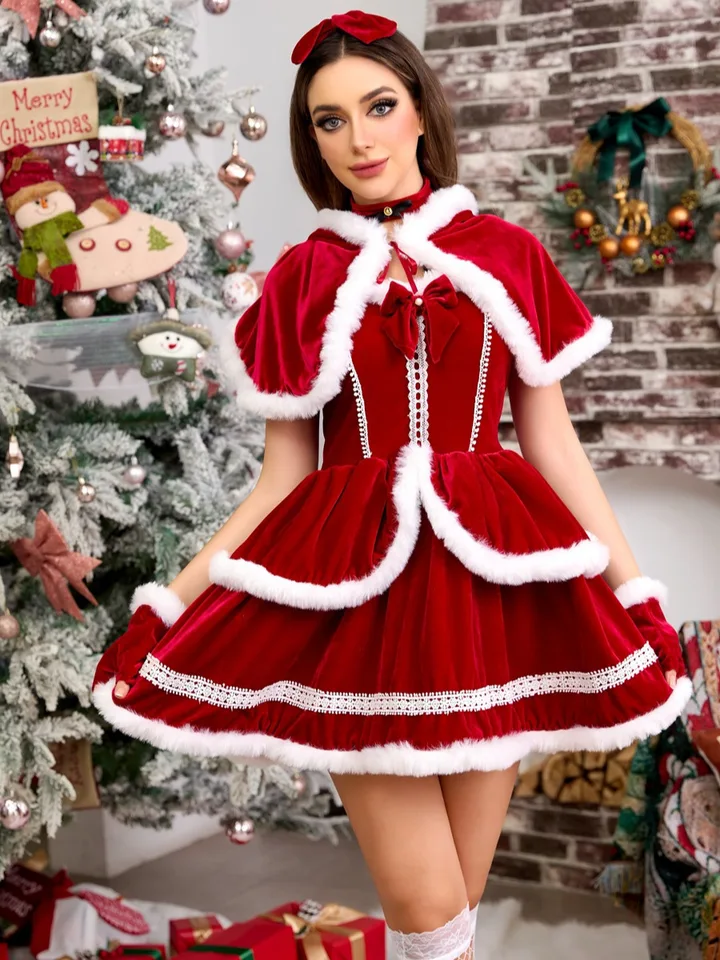 YIZYIF Enfant Fille Robe Mère Noël à Capuche Manches Longues Costume De Noël Cosplay Robe Soirée