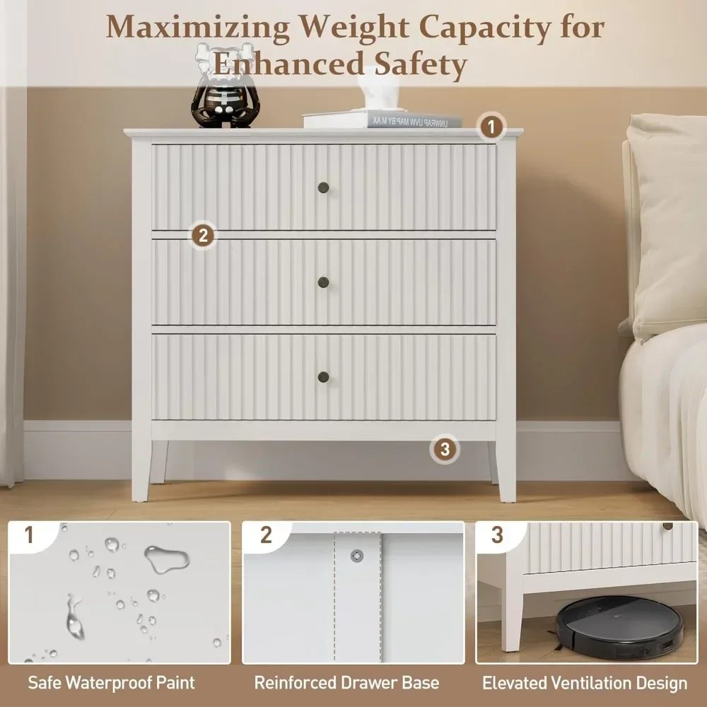3 Drawer Dresser Set of 2, Fluted Chest of Drawers with Storage, Modern Painted 30 inch Tall Nightstand for Bedroom Living Room 6