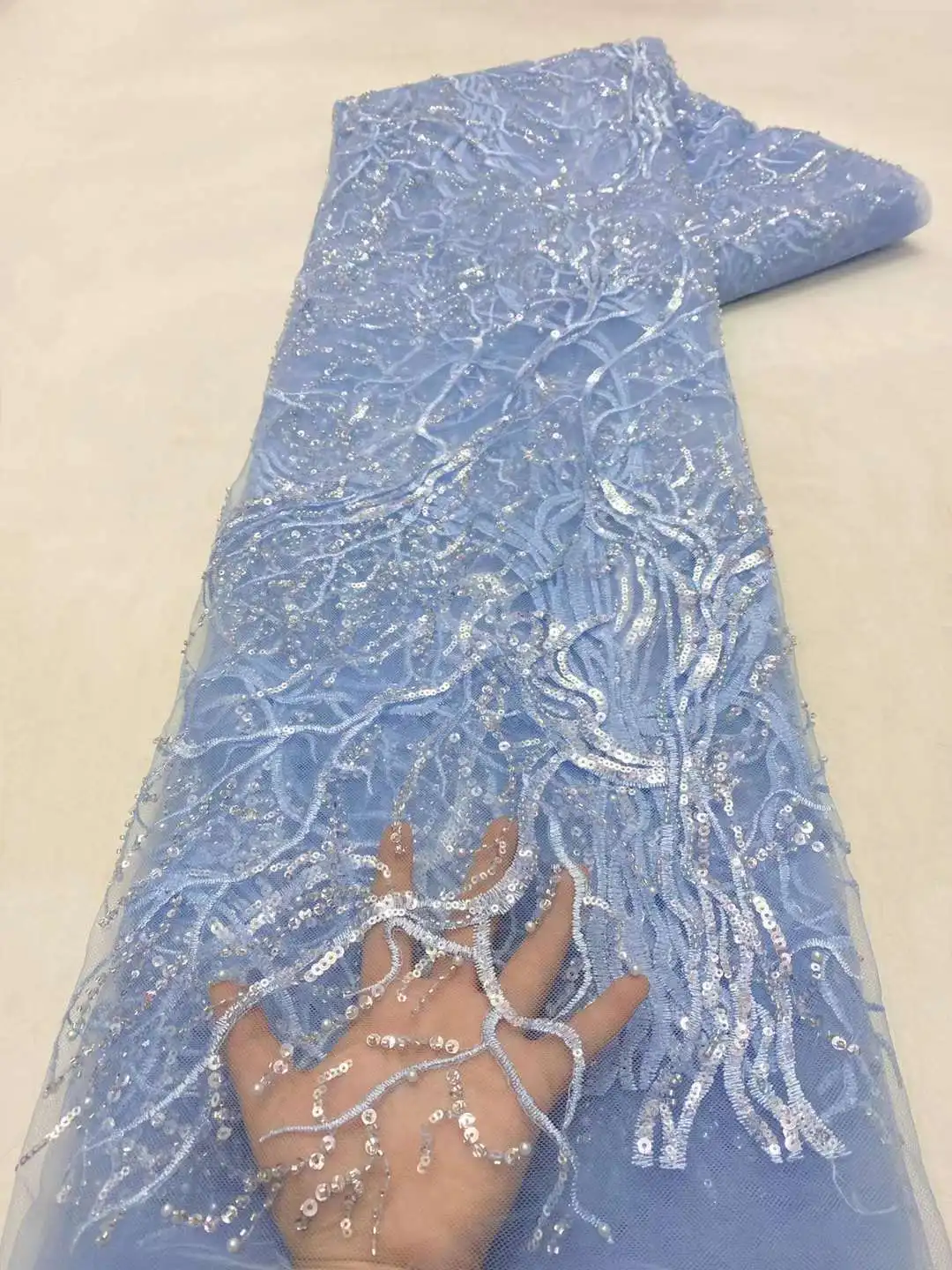 

Sky Blue Handmade Lace African Sequins Tulle Mesh Lace Fabric 2022 High Quality Lace Nigerian Net Lace Fabrics For Women Party
