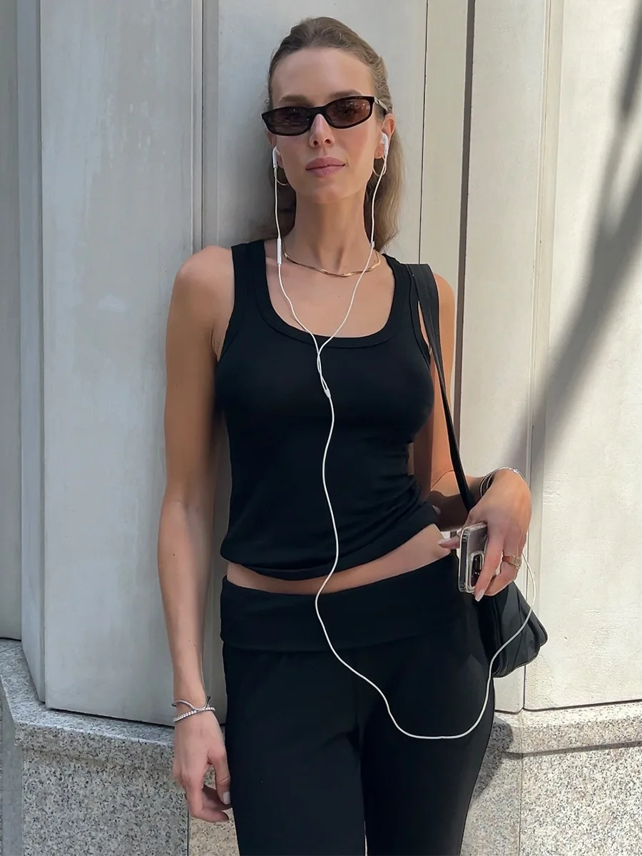 Bornladies Women's 2025 Autumn New Solid Color Tank Top Pants Set Slim Fit Stretchy Casual Two Piece Outfit