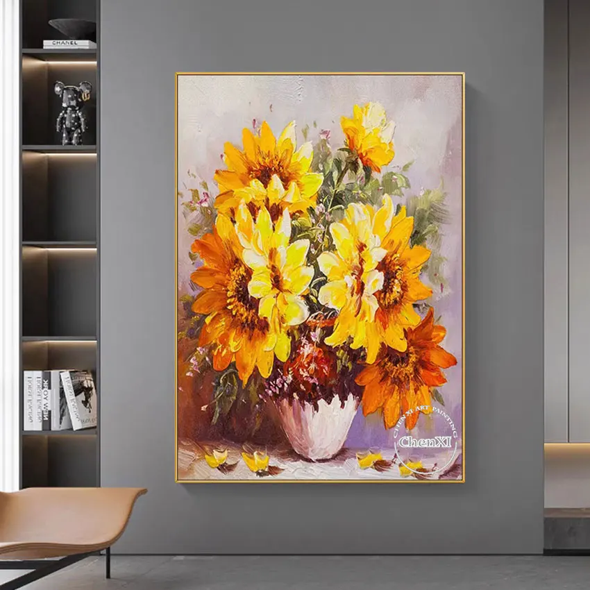 

Beautiful Picture A Vase Sunflowers Hand-painted Large Wall Panel Oil Painting Palette Knife Texture Canvas Art For Hotel