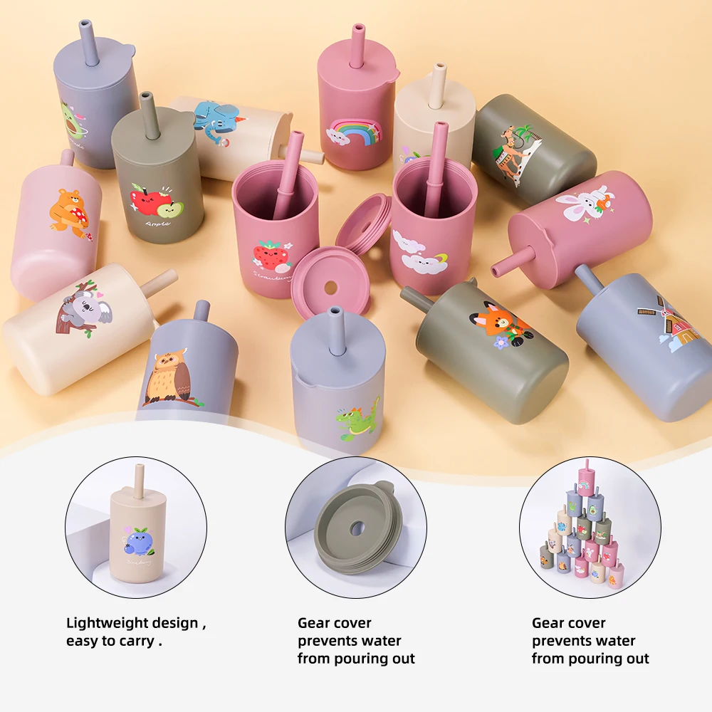 TYRY.HU Baby Feeding Straw Cup Baby Cartoon Learning Feeding Cup Food Grade Silicone Toddler Water Bottle Tableware BPA Free 2