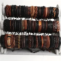 Braided Leather & Wood Bead Ethnic Handmade Bracelet Set (20 Pieces) - Brown10pcs
