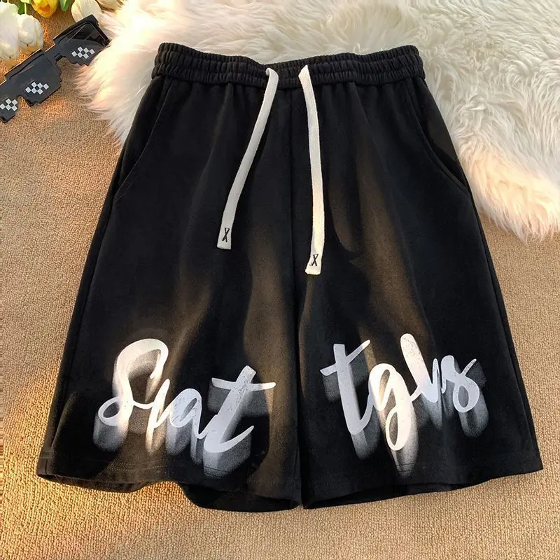 Fashion Elastic Lace Up Pockets Printed Letter Casual Shorts Men's Clothing 2024 Summer New Loose Young Style High Waist Shorts