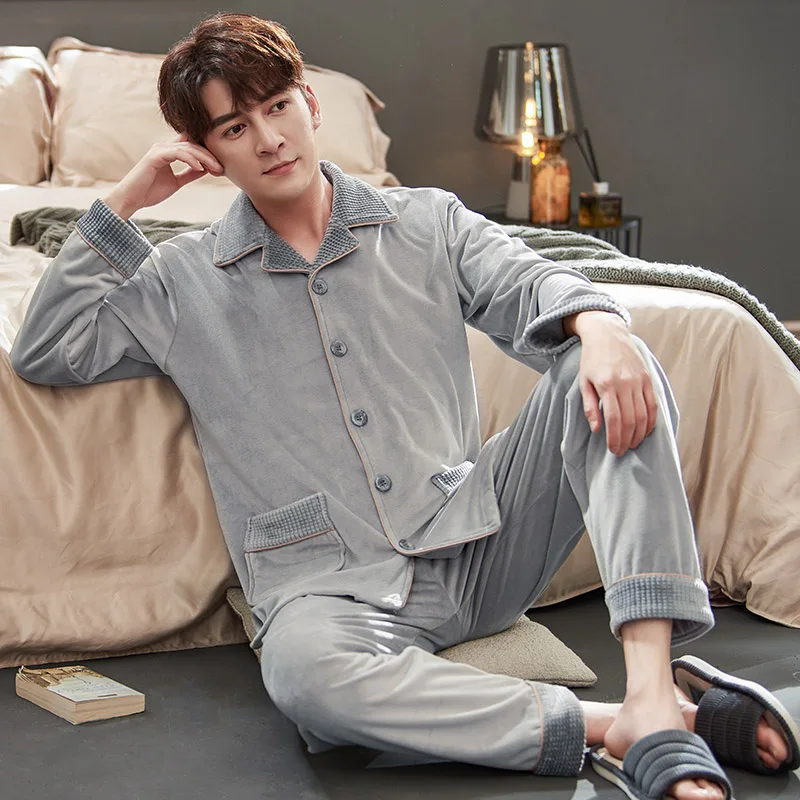 남성용 잠옷 따뜻한 플란넬 가을 겨울 남성용 파자마 옴므 피자마 잠옷 긴팔 두꺼운 아일랜드 플리스 라운지 수면 세트 3XL