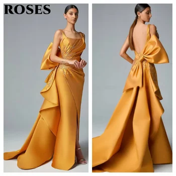 ROSES Glamorous Golden Prom Dress Sleeveless Backless فساتين السهرة  with Dramatic Bow and Embellishments Party Dress Customized 1
