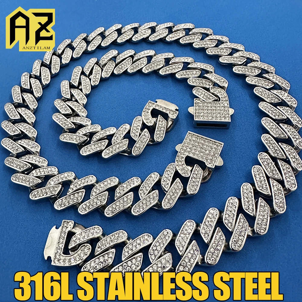 

19mm 316L Stainless Steel Cuban Chain Necklace For Men Women Full Bling Zircon Goth Hip Hop Jewelry Free Shipping