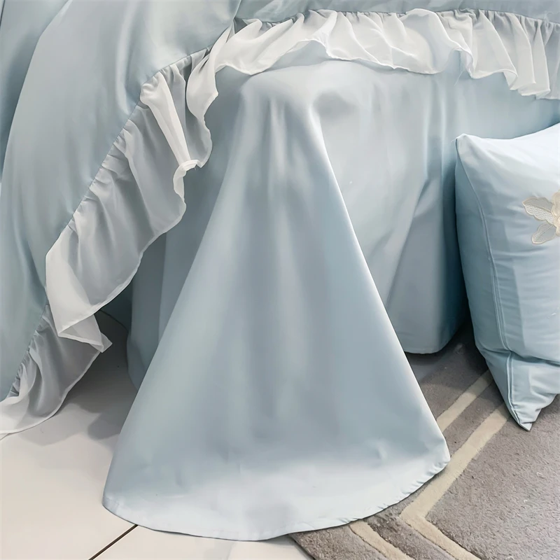 Waliicorners Lace Edge Quilt Duvet Cover Set Bed Linen Pillow Shams 1200TC Egyptian Cotton Silvery Flowers Embroidery Princess Bedding Set 24