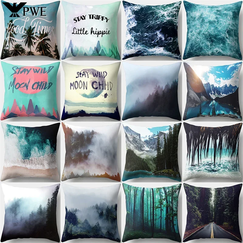 

Blue Forest Tree Pillow Cases Sofa Home Decoration Four Season Landscape Polyester Pillowcase Ocean Wave Pillowslip 45x45cm