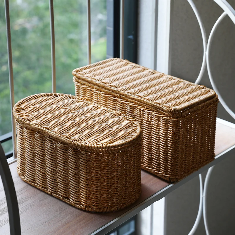 

Desktop storage box Storage box Bedroom Clothing organizer with cover Imitation rattan woven storage basket with cover