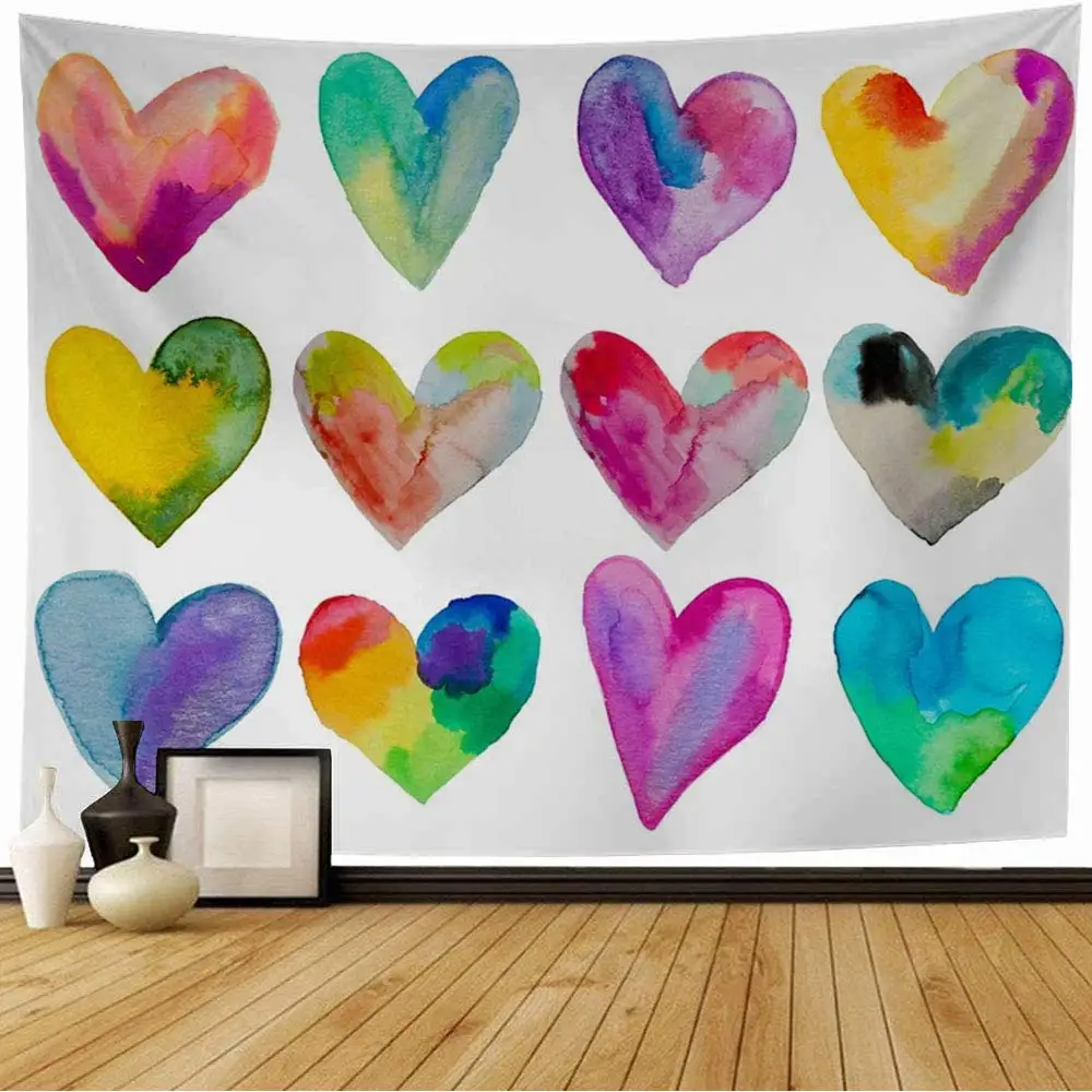 

Colorful Watercolor Heart Pattern Tapestry Fashion Abstract Love Sketch Tapestry Wall Hanging Decor for Bedroom Living Room Dorm