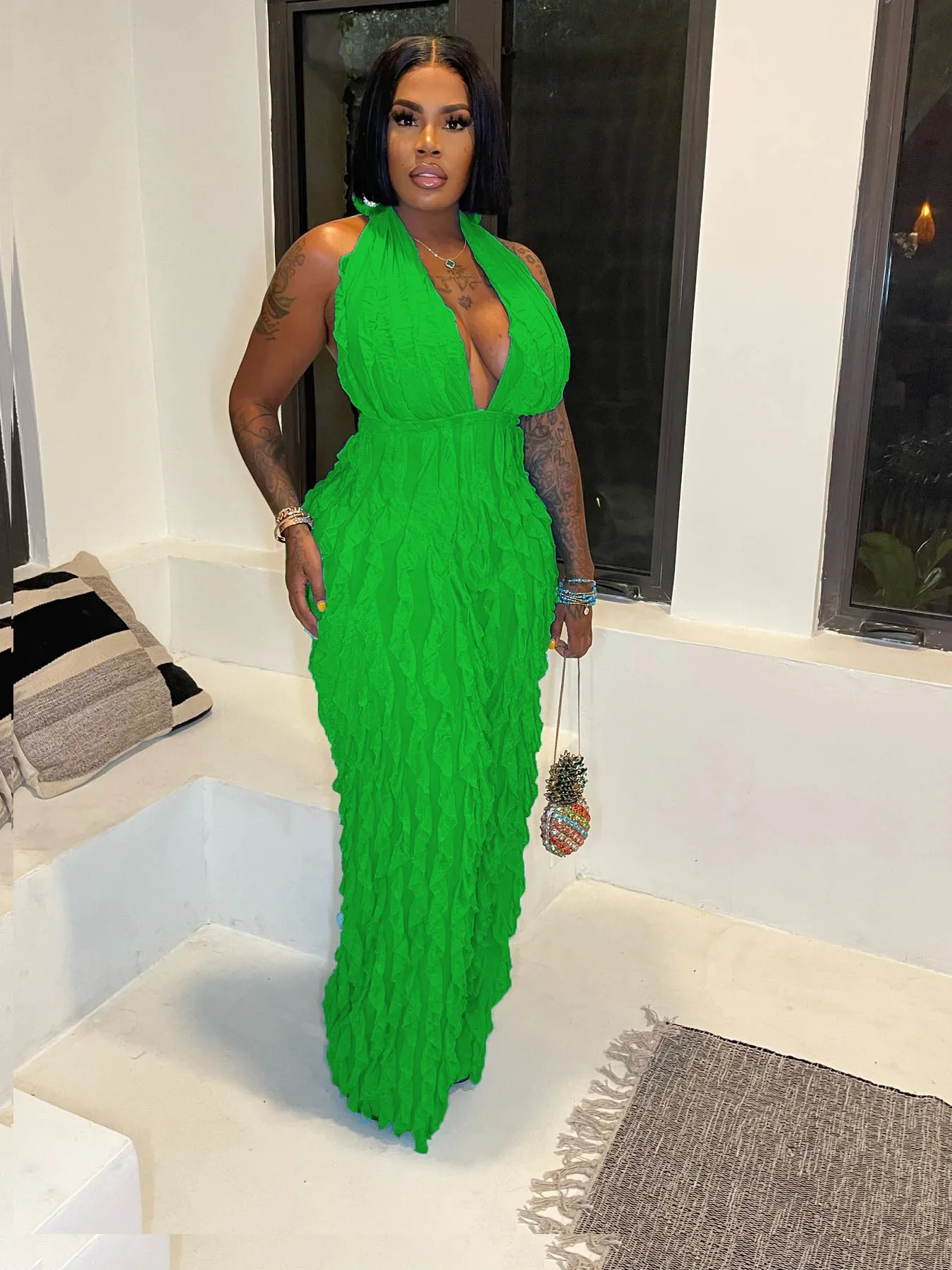 Women's Sheer Mesh Ruffles Halter Deep V-neck Sleeveless Wave Jumpsuits Wide Leg Rompers 2023 Playsuit Sexy Party Clubwear