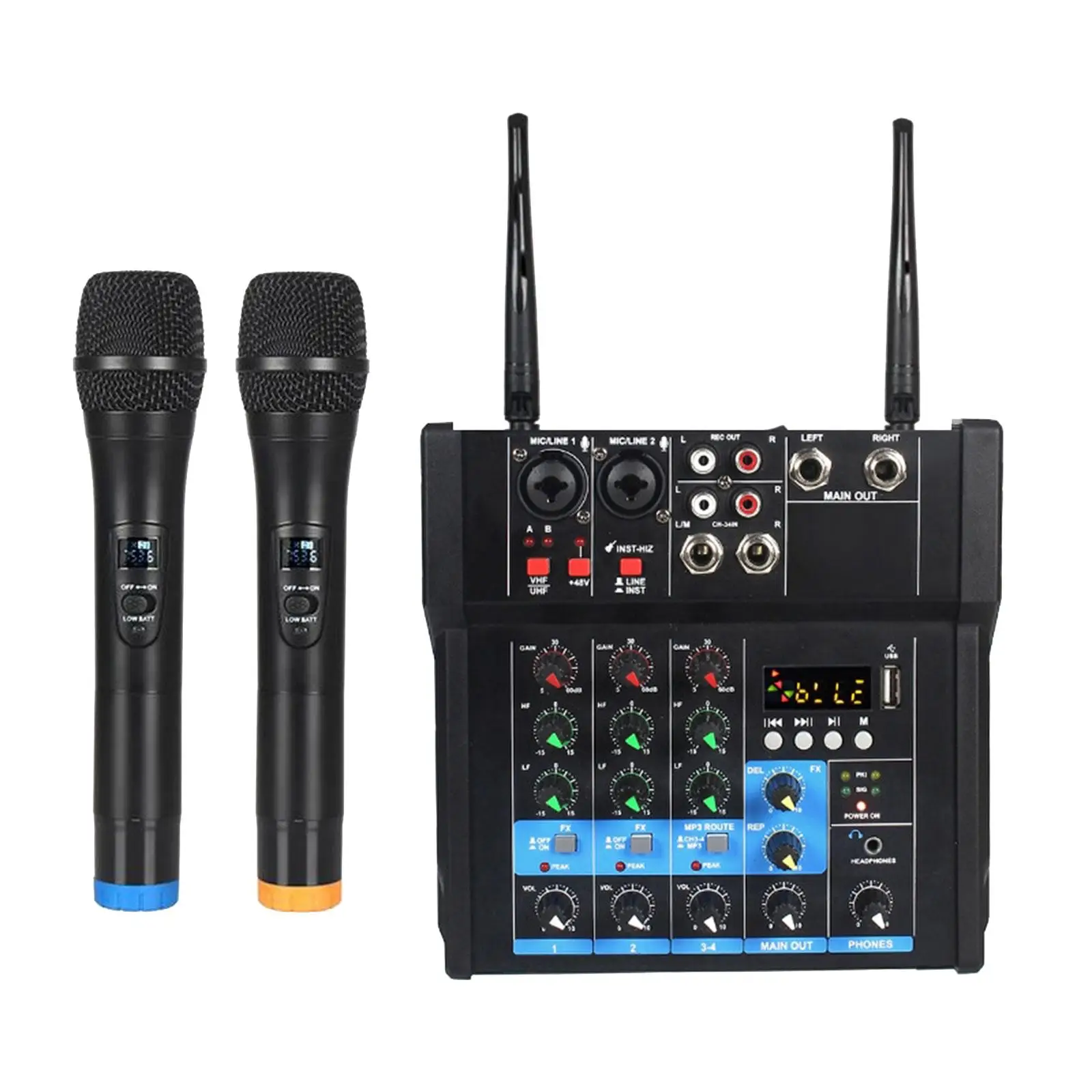 

4 Channel Audio Mixer with 2Pcs Wireless Mic USB Interface Sound Board Console for Karaoke KTV Recording Studio Party UK Adapter