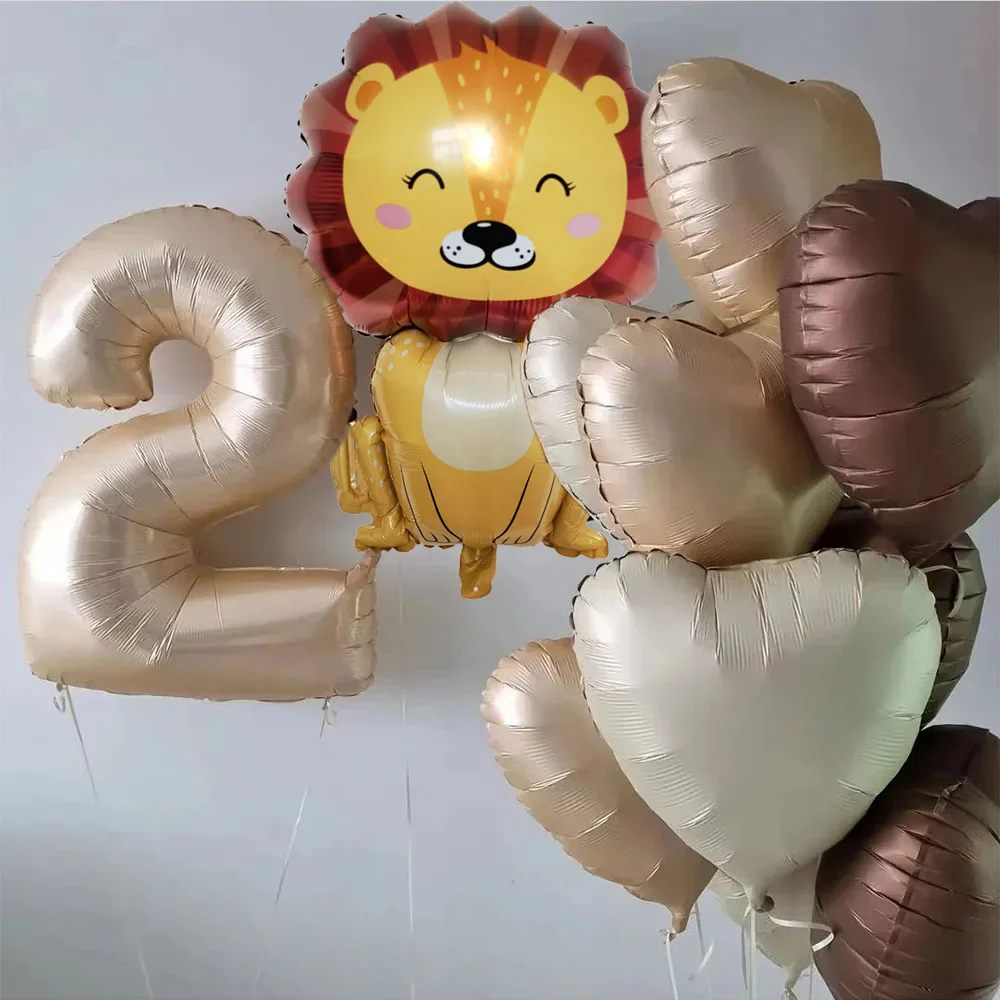 Jungle Deer Lion Foil Balloons Caramel Brown Heart Number Balls Baby Shower Kids Birthday Party Decorazione Natalizia Forniture Fai Da Te