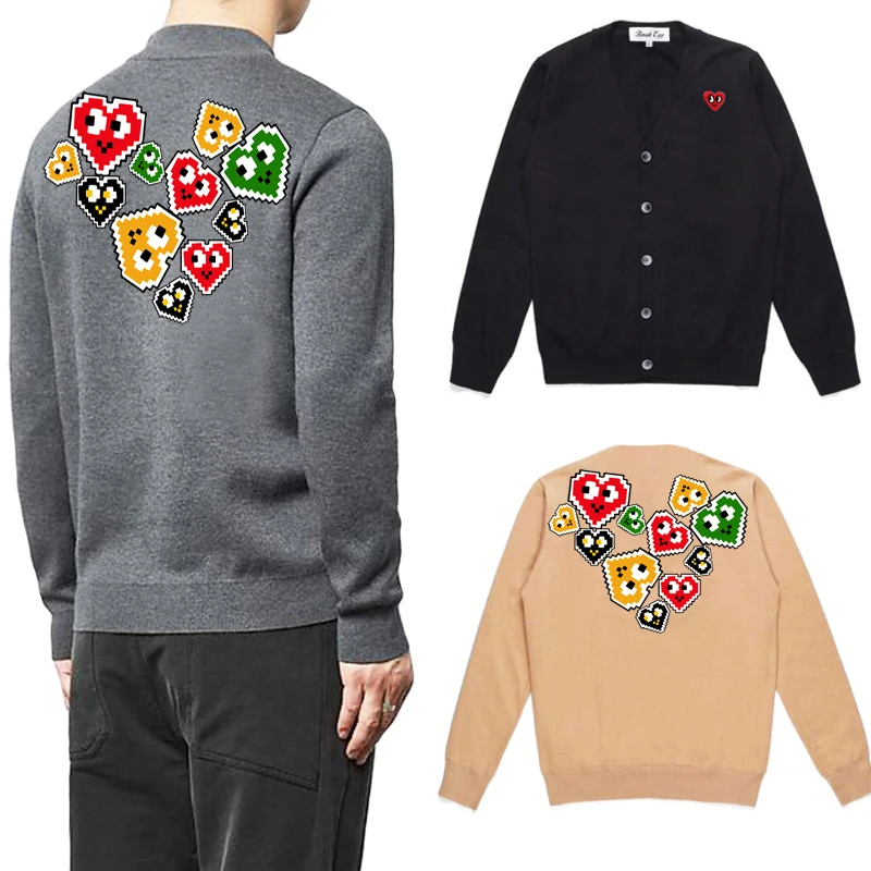 

Men Cardigan Cartoon Eyes Heart Embroidery Back Multiple Colorful Pixel Love Print Cotton V-neck Single-breasted Casual Sweater