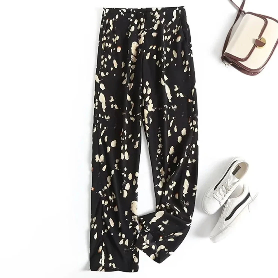 

Maxdutti England Style Fashion Black Print Casual Pants Women 2023 Forking Straight Trousers