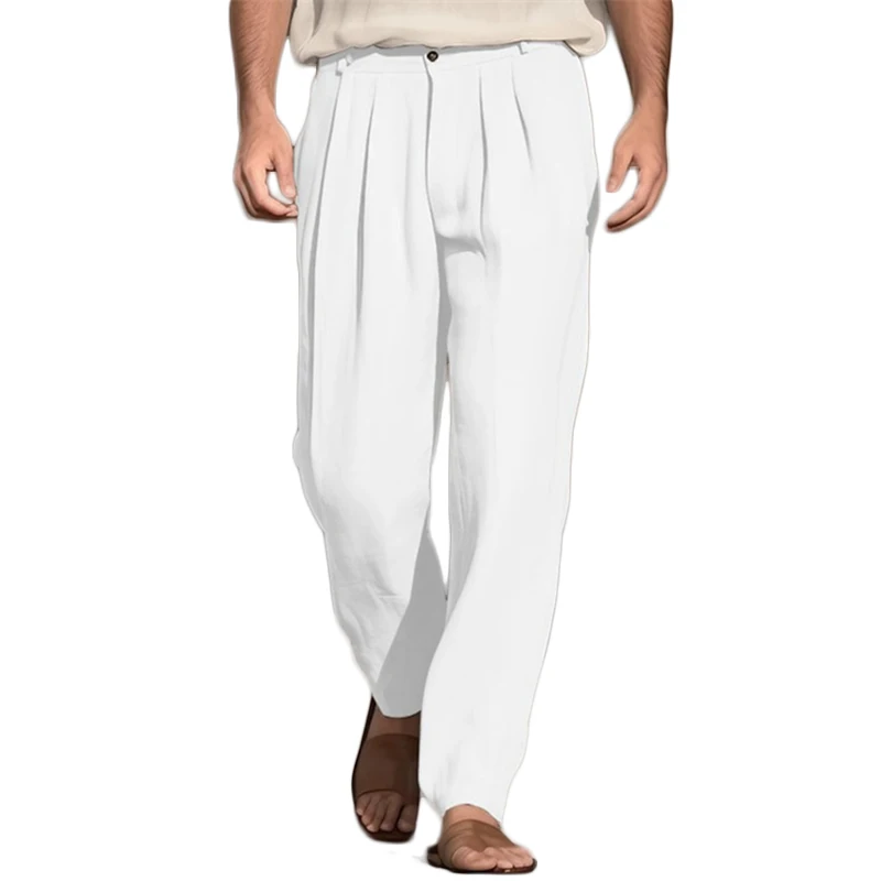 Casual Pants Cotton Linen Pants Casual Breathable Solid Color Linen Trousers Men Spring Summer Daily Leisure Loose Straight Pants For Mens Fashion Pleated Pants